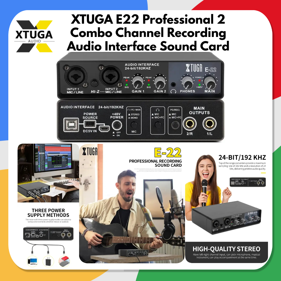 XTUGA E22 Professional 2 Combo Channel Recording Audio Interface Sound Card with Monitoring Like Focusrite Scarlett 2i2 Bundle